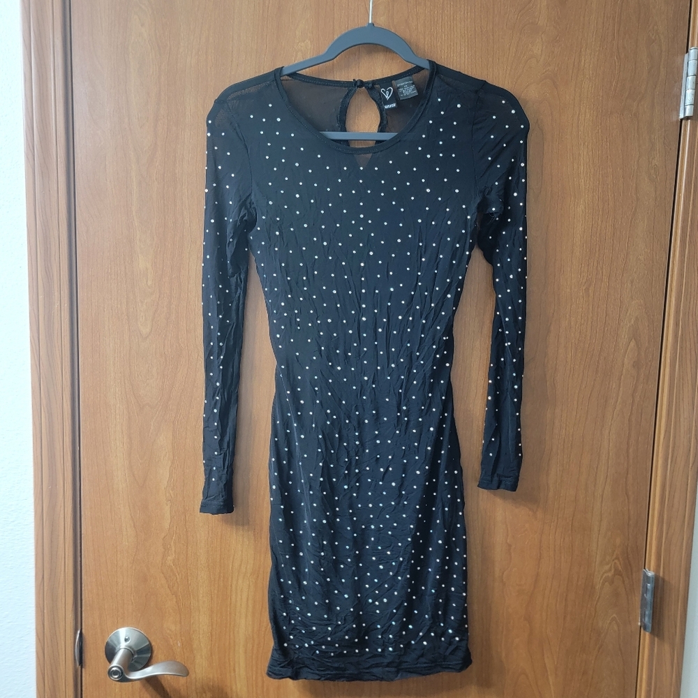 Windsor Mesh Long Sleeve Lined Bedazzled Mini Dress Black Size XS